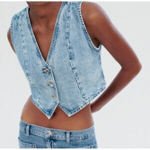 ZARA Women's Blue Acid Wash Denim Vest Cropped V-Neck Button Front Waistcoat S